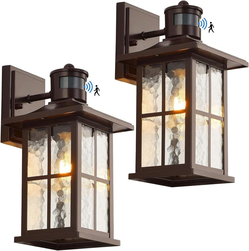 FLEDAVID 2 Pack Motion Sensor Outdoor Wall Lights Dusk to Dawn Exterior Porch Lantern Brown Outside Sconce Lighting Fixtures Rustic Farmhouse Wall Mount Carriage Lamp for House Garage Patio - Image 1